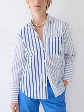 100% Cotton J.Crew Blue White Striped Button Down Shirt Relaxed Fit Size 4